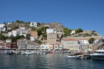 Hydra Island seen from the boat from Metohi Port, Greece