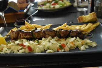 lamb souvlaki at Karima Kastro, a restaurant in Nafplio, Greece