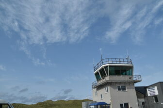 the airport building on Barra Island in Hebrides, Scotland