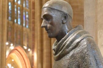 a statue inside the Sherborne Abbey in southwest England