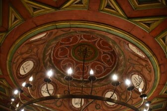 the close up view of the ceiling inside King's Mosque, an Islamic mosque in Berat, Albania