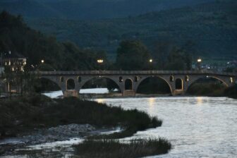 the medieval bridge seen from the old town of Berat, Albania