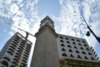 the bell tower in front of Jamia Ethem Bey Mosque in Tirana, Albania