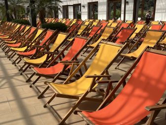 many deck chairs indoor pool area in Poseidon, the hot spring facility on Ischia island in Italy