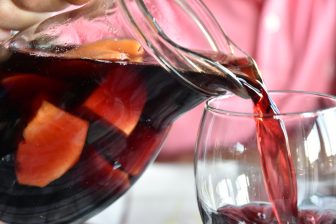 the wine with peaches at the rabbit dish specialised restaurant called Taverna Verde on Ischia island in Italy