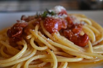 a pasta dish at the rabbit dish specialised restaurant called Taverna Verde on Ischia island in Italy