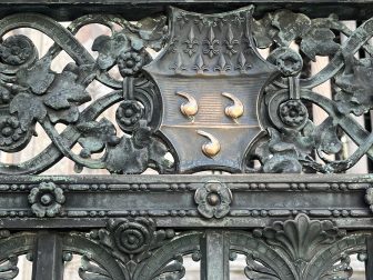 three balls coat of arms in front of Basilica Santa Maria Maggiore in Bergamo, Italy