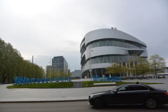 exterior of the Mercedes-Benz Museum in Stuttgart, Germany and our the Mercedes-Benz taxi