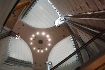looking up towards the ceiling of the Mercedes-Benz Museum in Stuttgart, Germany