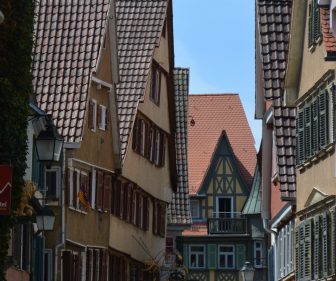 a street with lovely houses in the old town of Tubingen, Germany