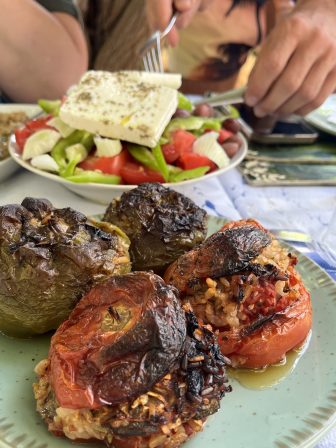 stuffed pepper and Greek salad of the restaurant, Taverna Natural during the eastern Crete tour in Greece