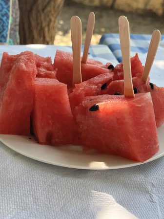 the watermelon served in the restaurant, Taverna Natural during the eastern Crete tour in Greece 