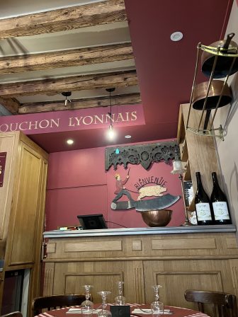 inside the bouchon Le Petit Glouton in the old town of Lyon, France
