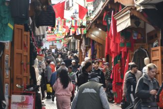 the lively street in medina in Tangier, Morocco