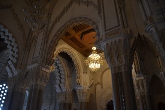 the chandelier and pillars inside the Hassan II Mosque in Casablanca, Morocco
