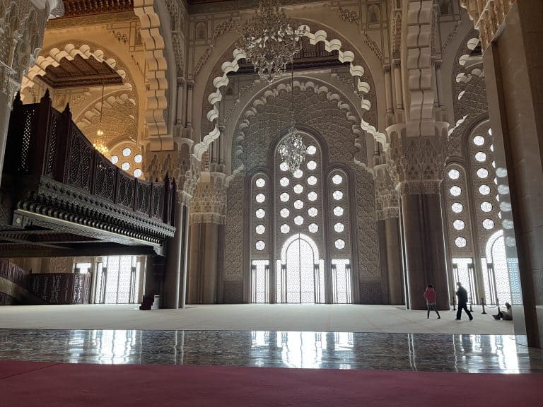 Inside a modern, massive mosque