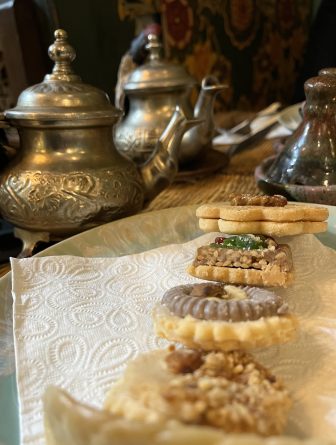 the biscuits and mint tea at a cafe in medina in Fez, Morocco