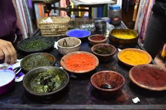 the dyes shown in a textile shop in Marrakesh, Morocco
