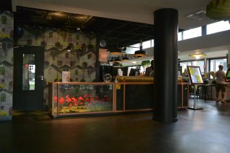 the lobby of Ibis hotel we stayed in Paris, France